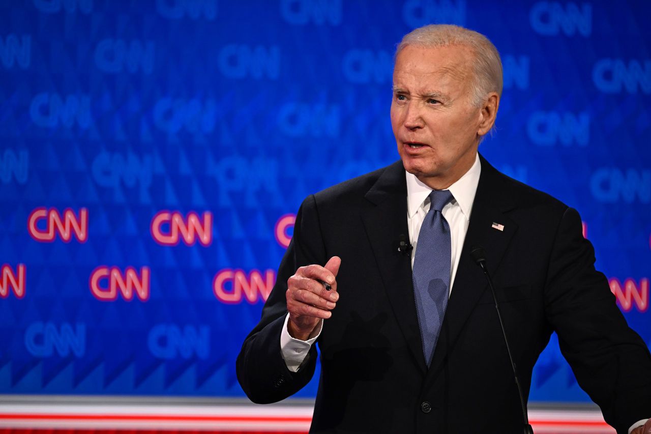 President Joe Biden speaks at the presidential debate in Atlanta on June 27. 