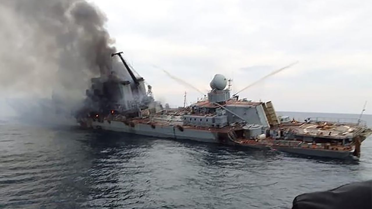 Images emerged early Monday, April 18 2022,?on social media showing Russia's guided-missile cruiser, the Moskva, badly damaged and on fire in the hours before the ship sunk in the Black Sea on Thursday.