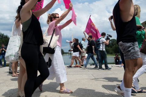 People rally in front of the Lincoln Memorial protesting the conservatorship of Britney Spears on Wednesday, July 14, in Washington, DC.