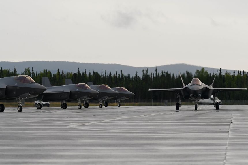 US Air Force F-35A Lightning II fighter jets are seen at Eielson Air Force Base, Alaska, in 2021.