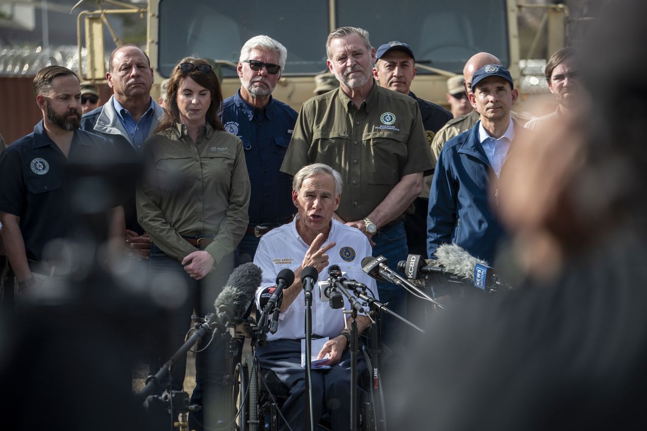 Texas Gov. Greg Abbott speaks during a news conference at Shelby Park along the Rio Grande River in Eagle Pass, Texas, on February 8.