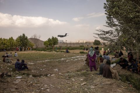 An American military transport plane lands at Hamid Karzai International Airport in Kabul, Afghanistan, on August 22.