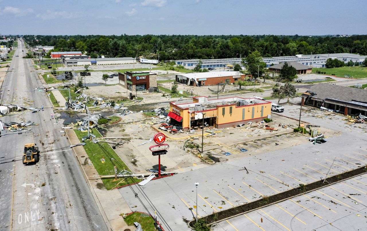 Storm damage is seen at a shopping center in Rogers, Arkansas, on May 26.