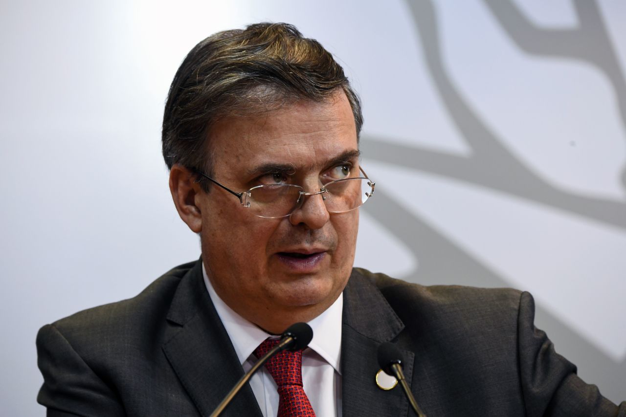 In this file photo, Mexican Foreign Affairs Minister Marcelo Ebrard speaks during a meeting on Venezuela in Montevideo on February 7, 2019.