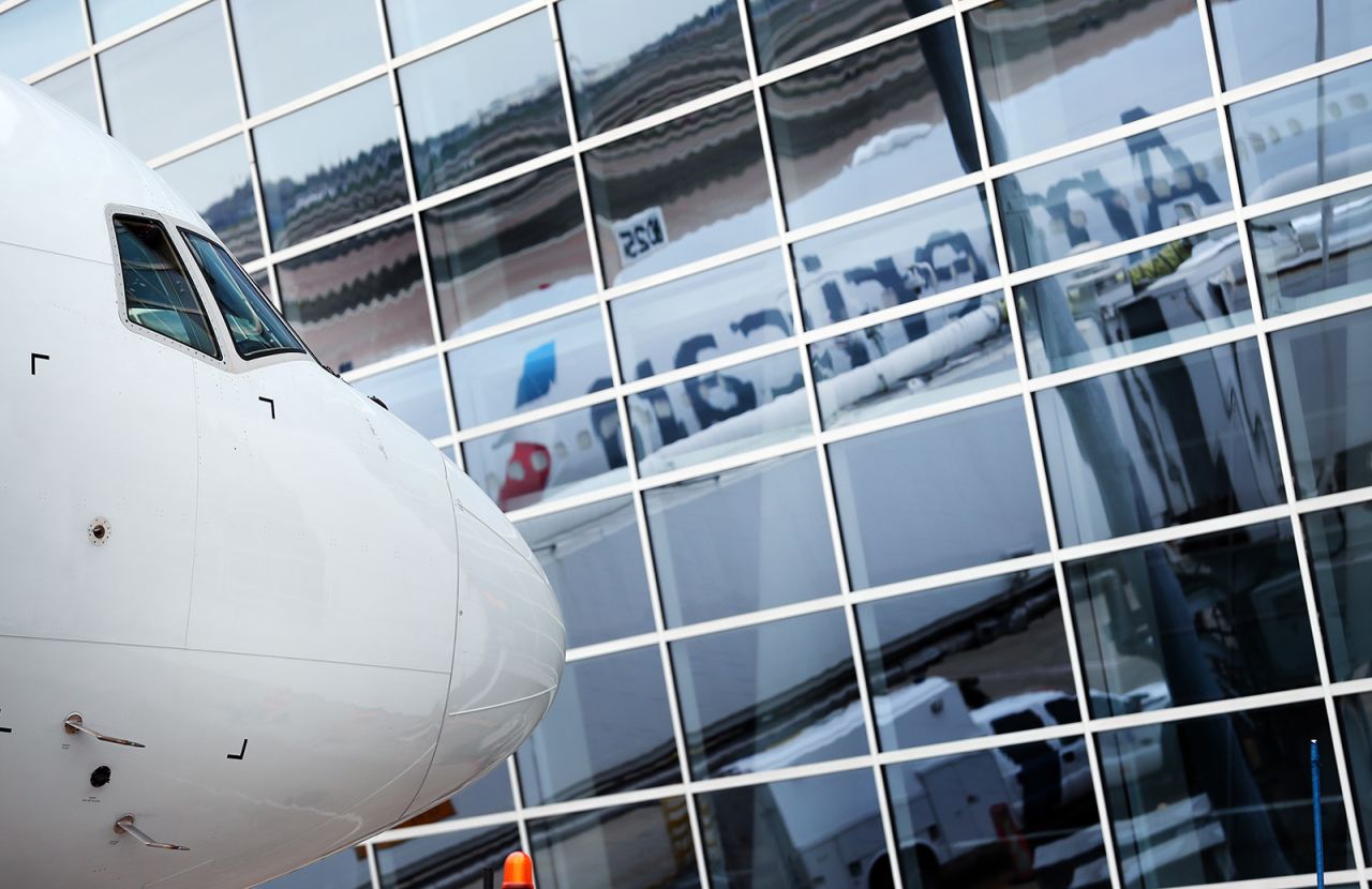 An American Airlines plane at Dallas/Fort Worth International Airport on March 20, 2020 in Dallas, Texas.