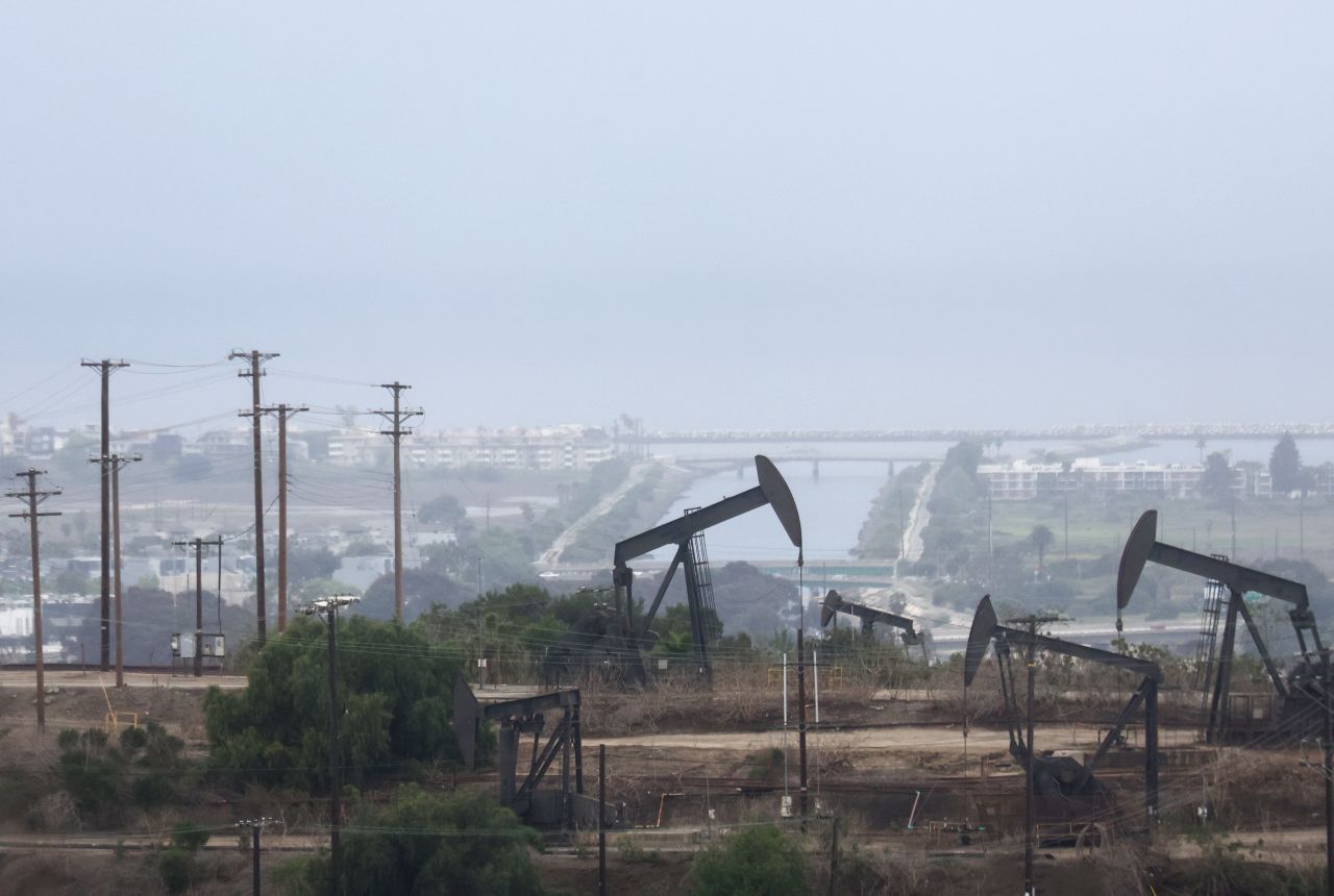 Oil pumpjacks are viewed in the Inglewood Oil Field on March 28, in Los Angeles, California.