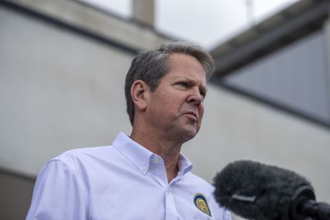 Governor Brian Kemp makes a statement and answers questions from the media following a tour of Fieldale Farms while visiting Gainesville, on Friday, May 15. 