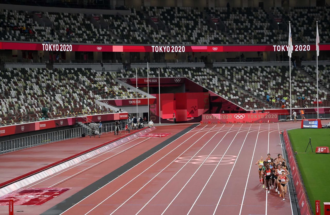 A general view shows empty stands during the first of the women’s 5,000m heats at the Olympic Stadium in Tokyo on Friday.