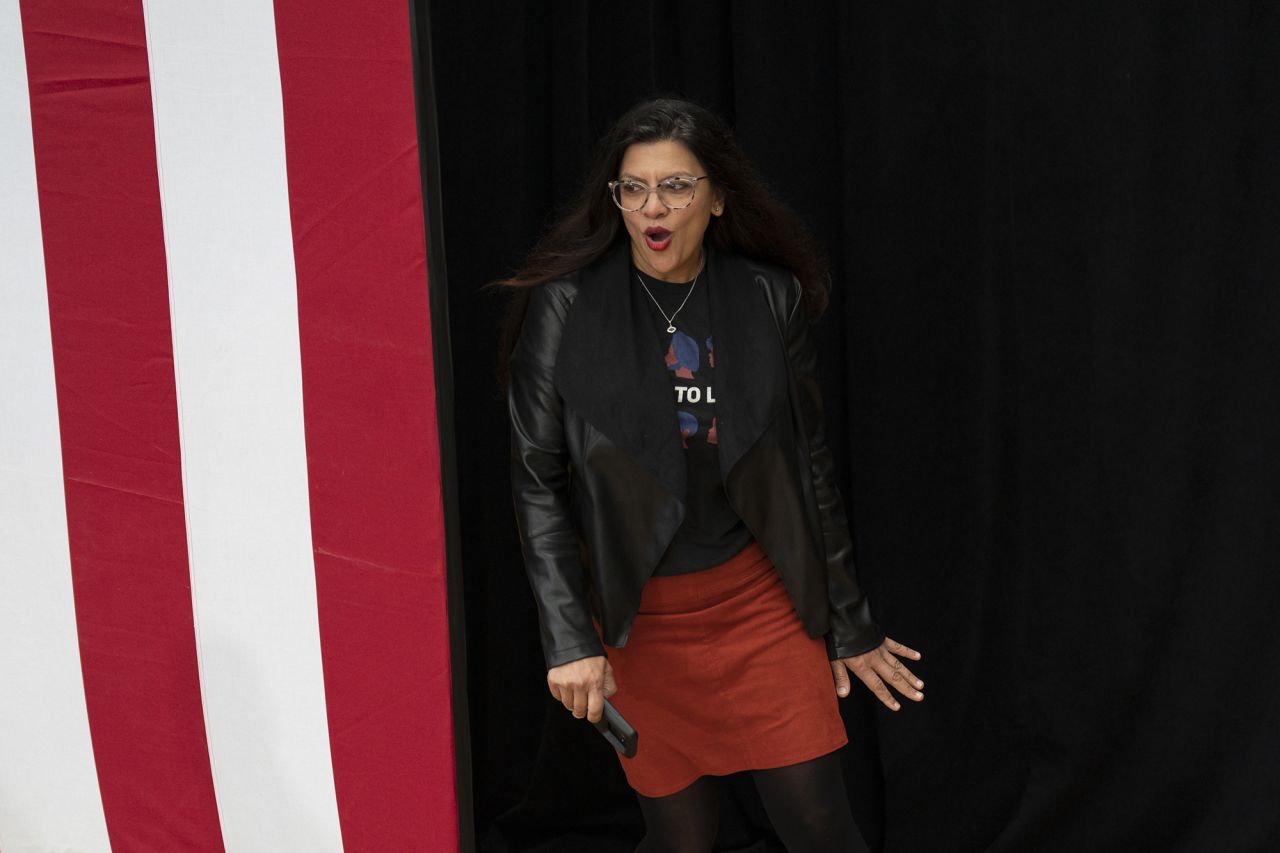 Congresswoman Rashida Tlaib is greeted by the crowd during a rally in Detroit, Michigan in October.