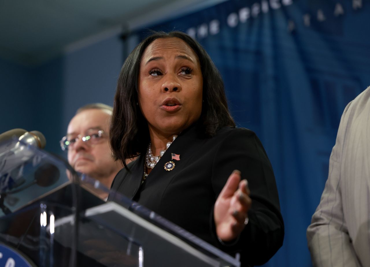 Fulton County District Attorney Fani Willis speaks during a news conference at the Fulton County Government building on August 14, 2023 in Atlanta, Georgia. 