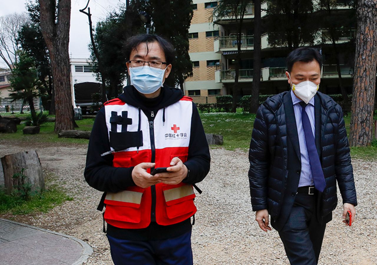 Sun Shuopeng, left, Vice President of China's Red Cross leaves the Red Cross headquarters in Rome after a press conference on Friday, March 13. 