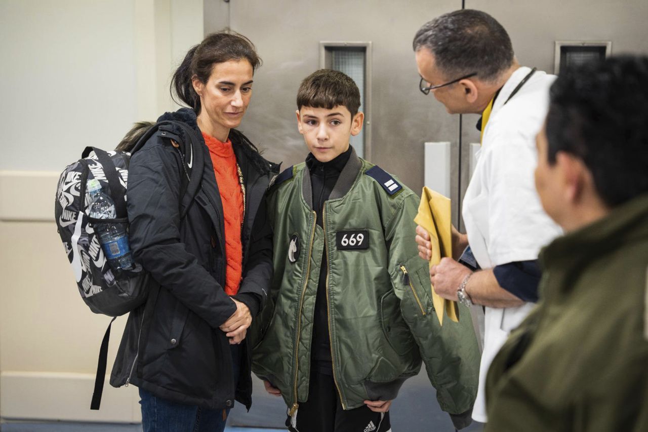 This handout photo provided by the Israel Defense Forces shows released Israeli hostage Eitan Yahalomi upon his arrival at Tel Aviv Sourasky Medical Center on Monday.