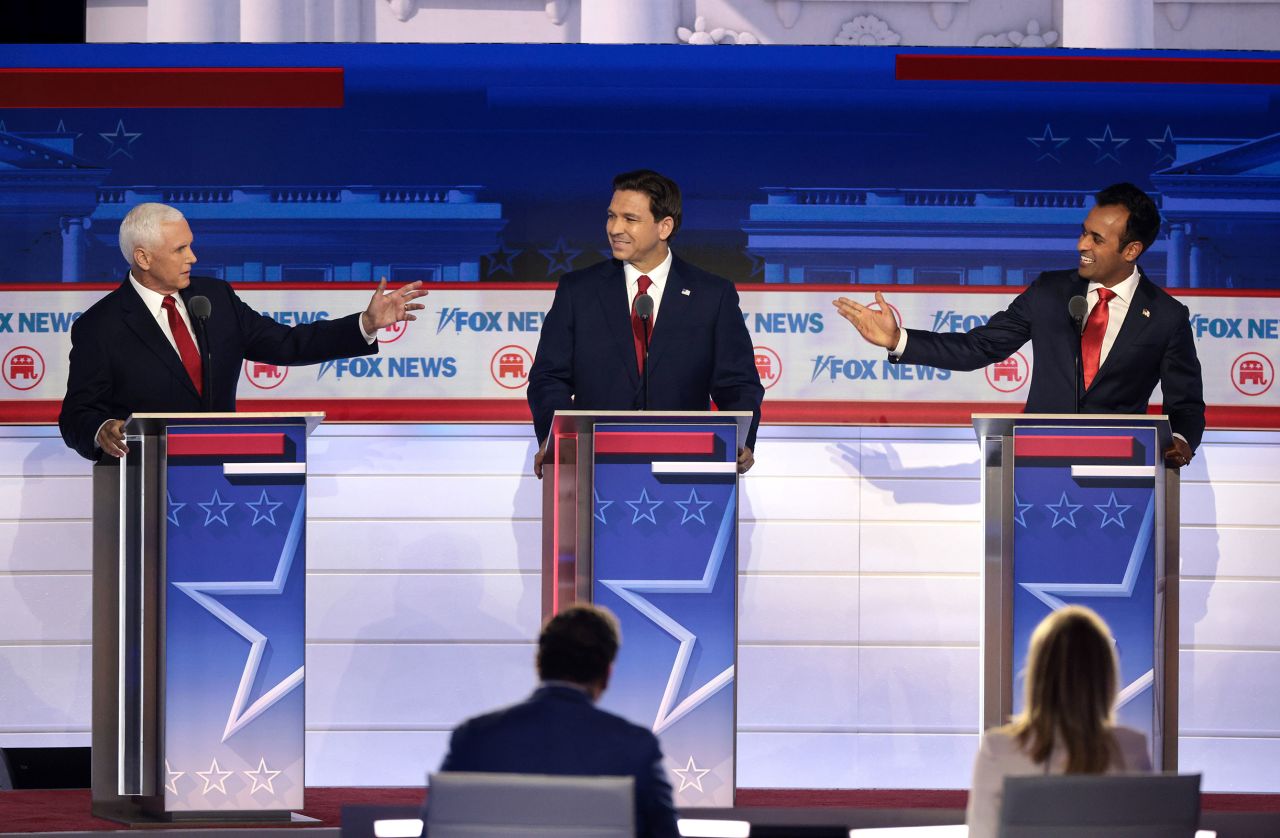 Republican presidential candidates former Vice President Mike Pence, Florida Gov. Ron DeSantis and Vivek Ramaswamy participate in the first debate of the GOP primary season.