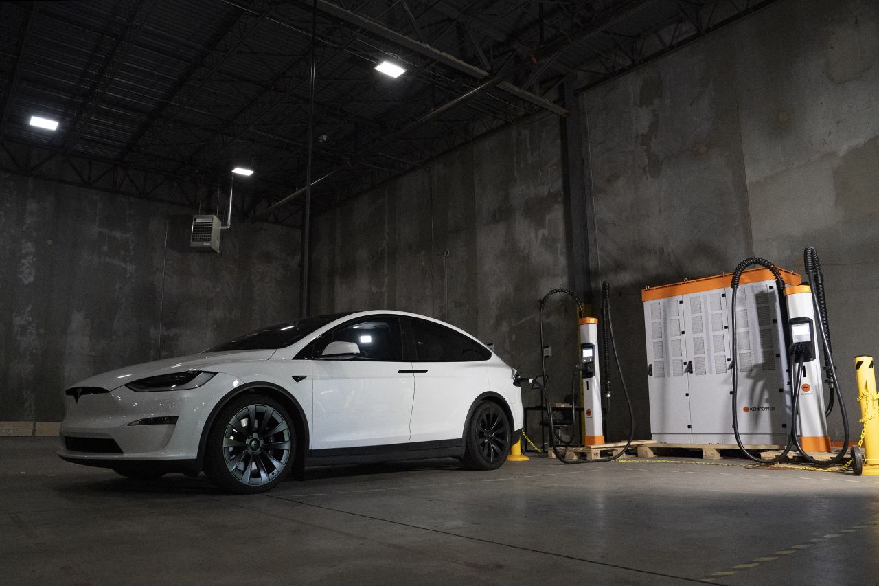 A car charges at EV fast-charger manufacturer Kempower on April 23, in Durham, North Carolina.