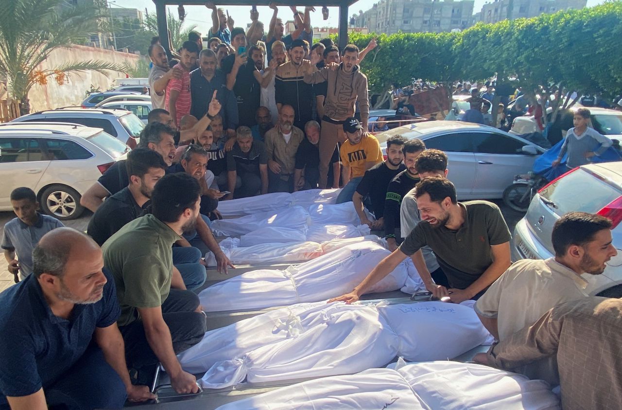 Mourners attend the funeral of Palestinians from the al-Agha family, who were killed in Israeli strikes, in Khan Younis, southern?Gaza?on Saturday.