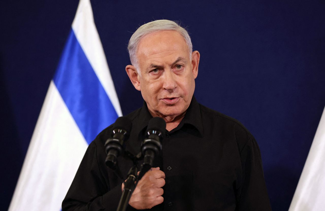 Israeli Prime Minister Benjamin Netanyahu speaks at a press conference in the Kirya military base in Tel Aviv, Israel, on October 28. 