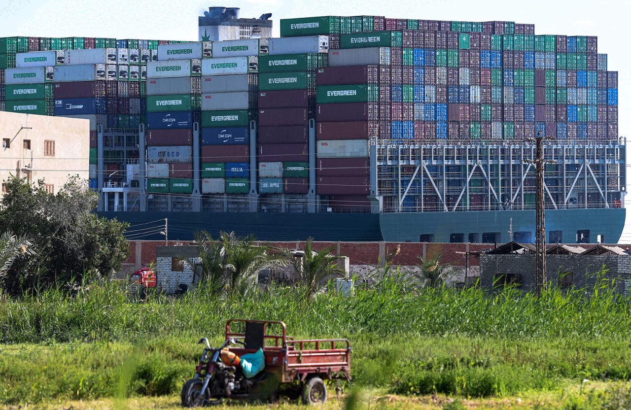 A view of the 'Ever-Given' container ship as it remains lodged sideways impeding traffic across Egypt's Suez Canal waterway, on March 29.