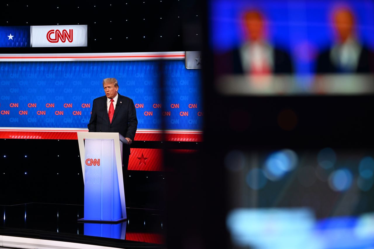 Donald Trump speaks during the CNN Presidential Debate on Thursday in Atlanta.