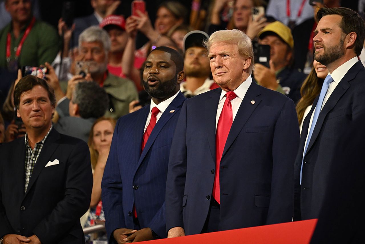 Republican presidential nominee and former US President Donald Trump with his newly announced running mate Sen. JD Vance on Monday, July 15.