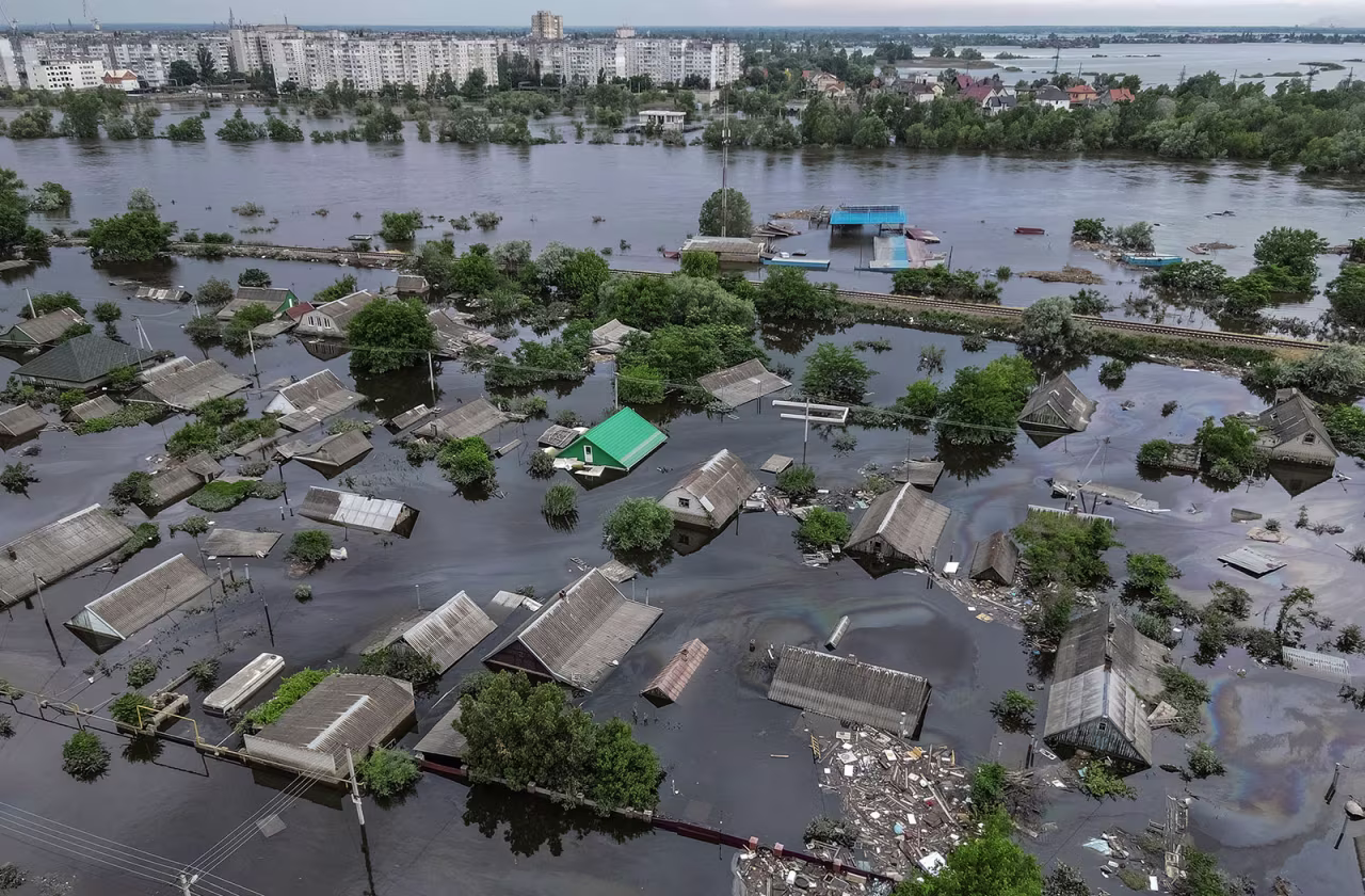 An aerial view shows a flooded area on June 10 after the Nova Kakhovka dam breached in Kherson, Ukraine. 