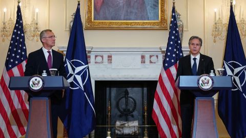 US Secretary of State Antony Blinken and NATO Secretary General Jens Stoltenberg hold a joint press conference in Washington, DC, on Wednesday.