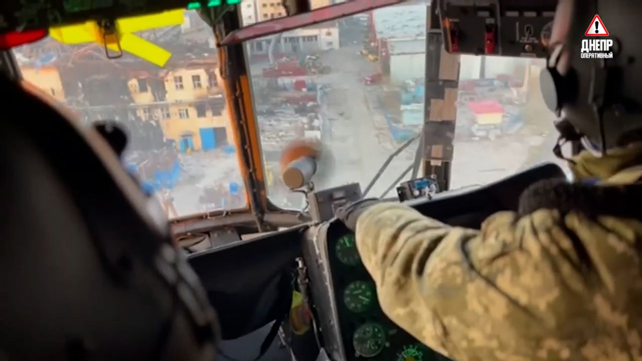 Image from a video that has been released showing Ukrainian helicopters flying supplies into the Azovstal steel plant in Mariupol.