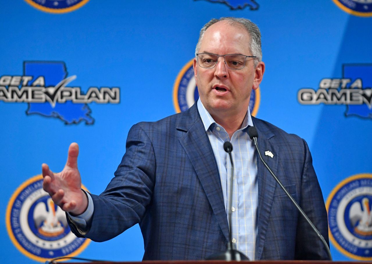 Gov. John Bel Edwards speaks at a news conference in Baton Rouge, Louisiana on April 9.