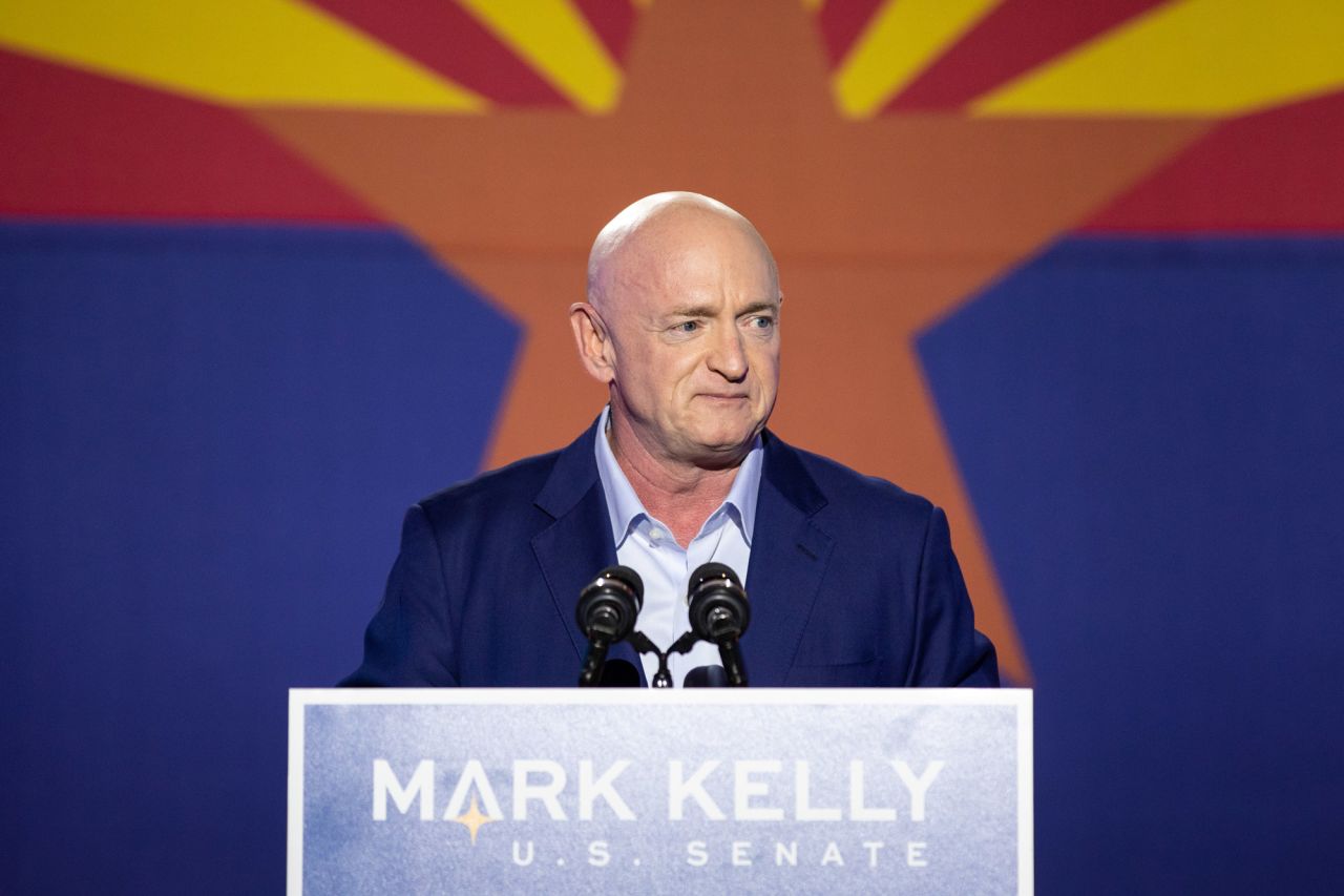 Democratic U.S. Senate candidate Mark Kelly speaks to supporters during the Election Night event at Hotel Congress on November 3 in Tucson, Arizona. 