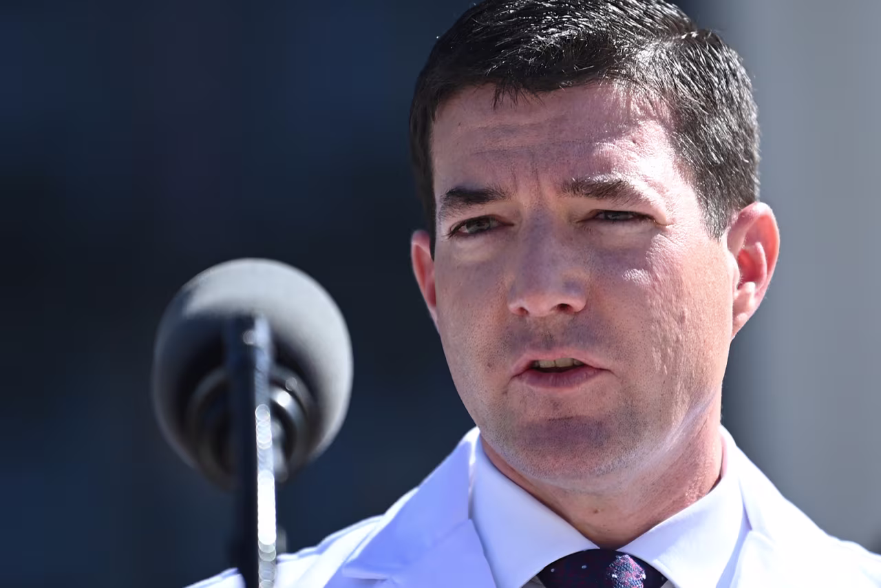 White House physician Sean Conley gives an update on the condition of President Donald Trump, on October 3, at Walter Reed Medical Center in Bethesda, Maryland.