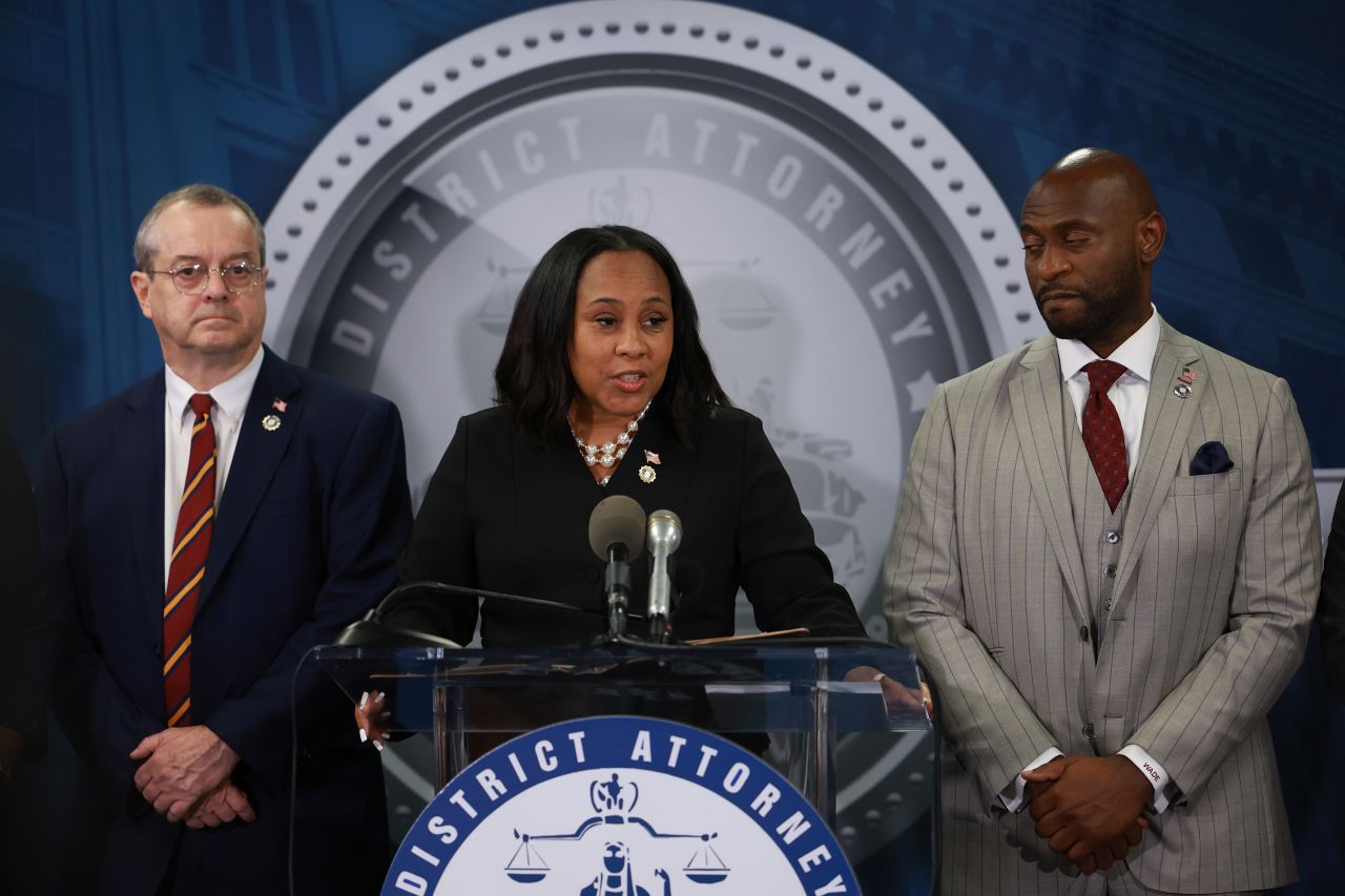 Fulton County District Attorney Fani Willis speaks during a news conference at the Fulton County Government building on August 14, 2023 in Atlanta, Georgia. 