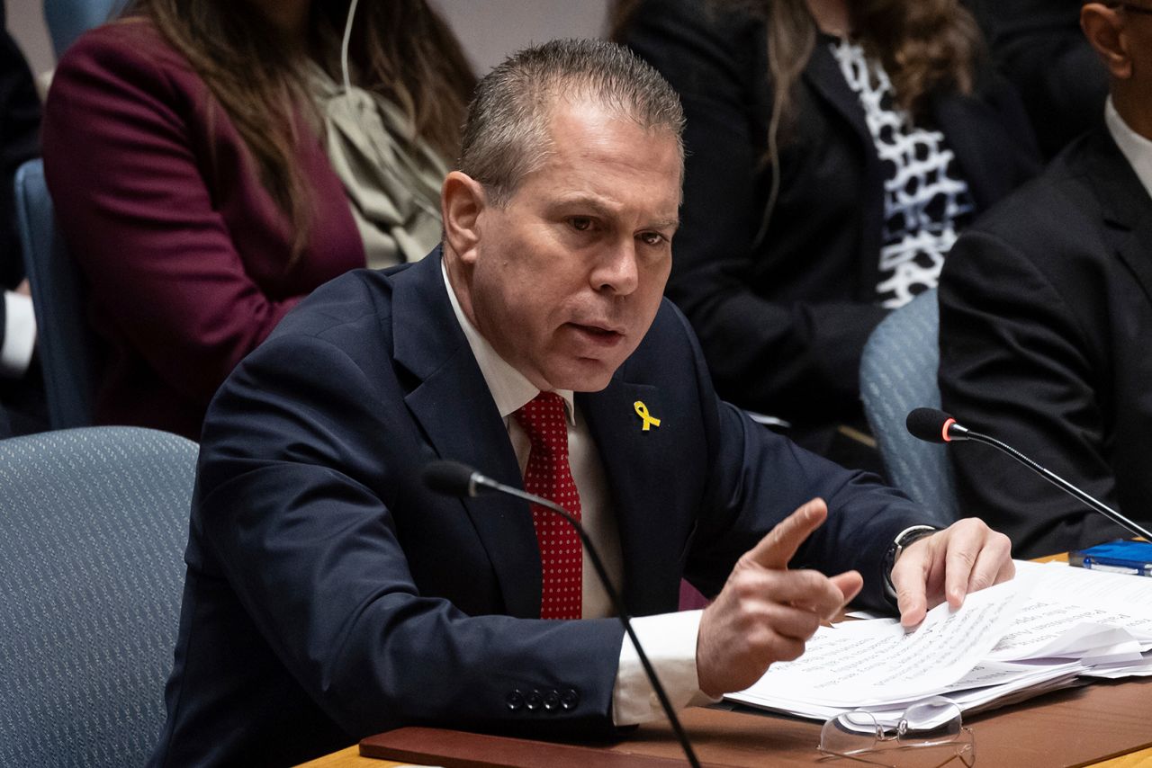 Israeli Ambassador to the United Nations Gilad Erdan speaks during a Security Council meeting at United Nations headquarters on April 18.