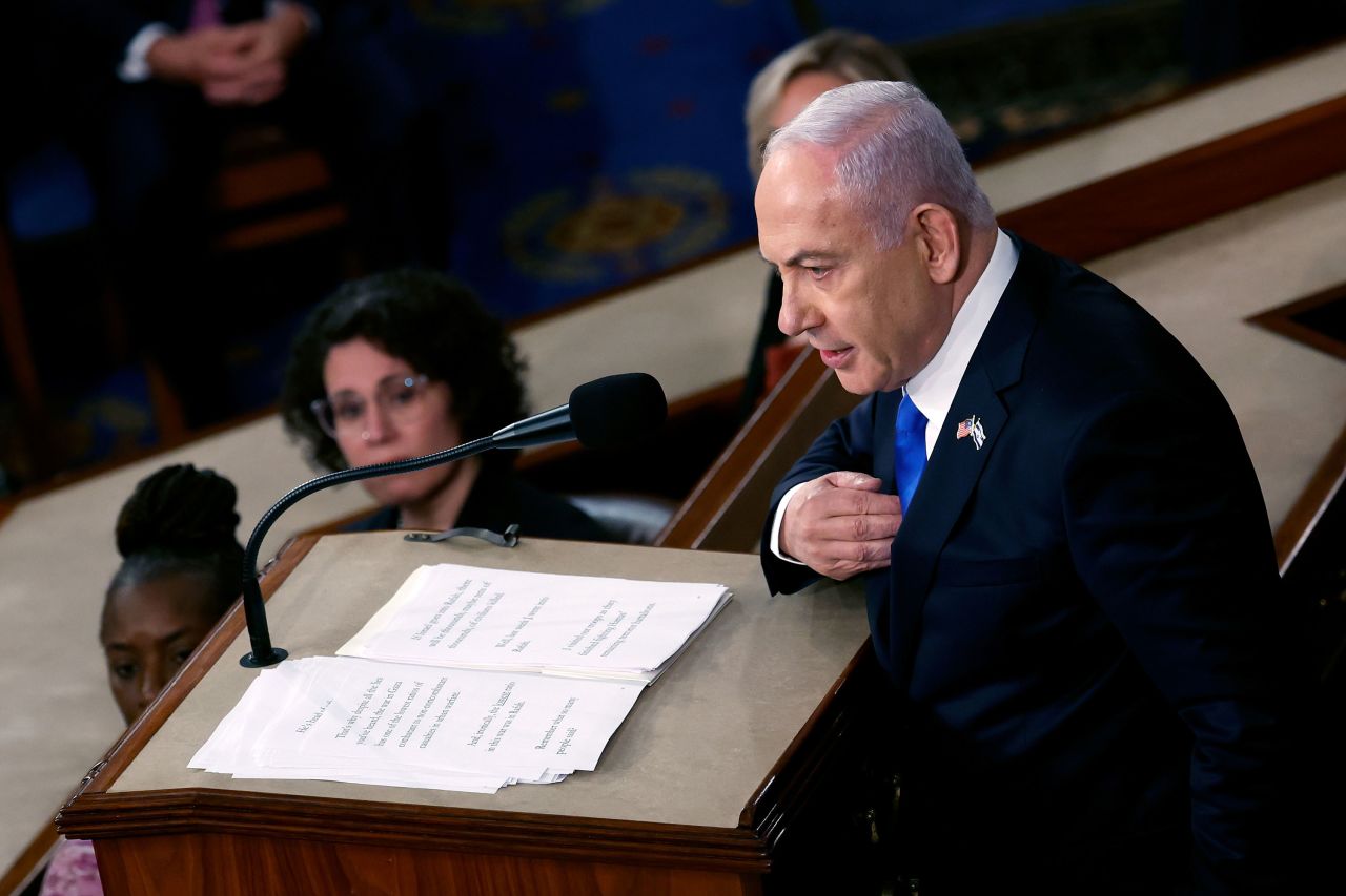 Israeli Prime Minister Benjamin Netanyahu addresses a joint meeting of Congress in the chamber of the House of Representatives at the U.S. Capitol on July 24, 2024 in Washington, DC.?