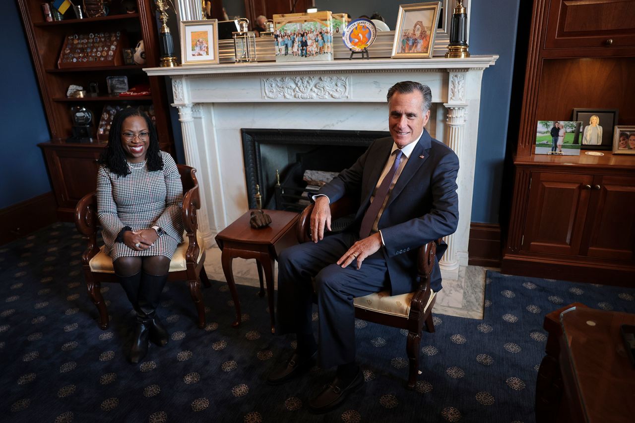 Sen. Mitt Romney, right, meets with Supreme Court nominee Ketanji Brown Jackson on Capitol Hill on March 29 in Washington, DC. 