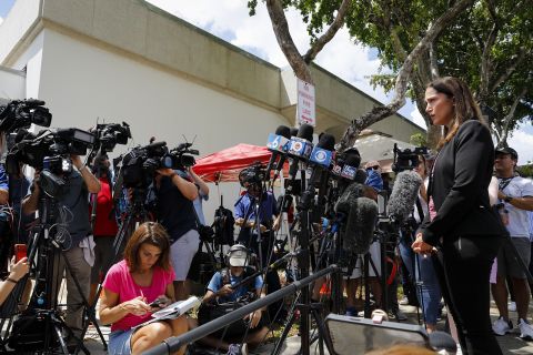 Deanna Shullman speaks to members of the media outside the federal court in West Palm Beach on Thursday, August 18. 