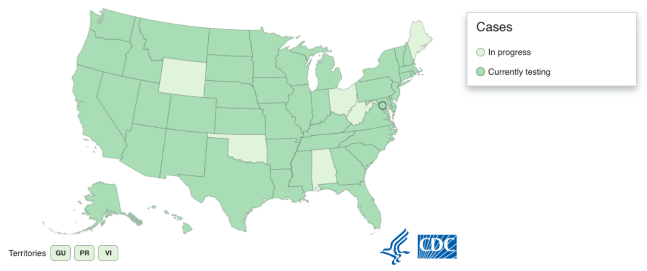 This map shows states and territories with one or more laboratories that have successfully verified and are currently using COVID-19 diagnostic tests.