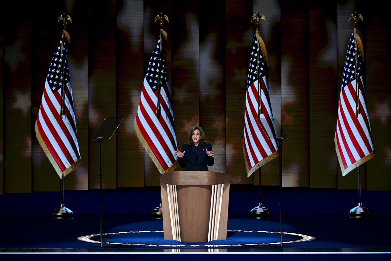 Vice President Kamala Harris speaks at the Democratic National Convention on August 22. 