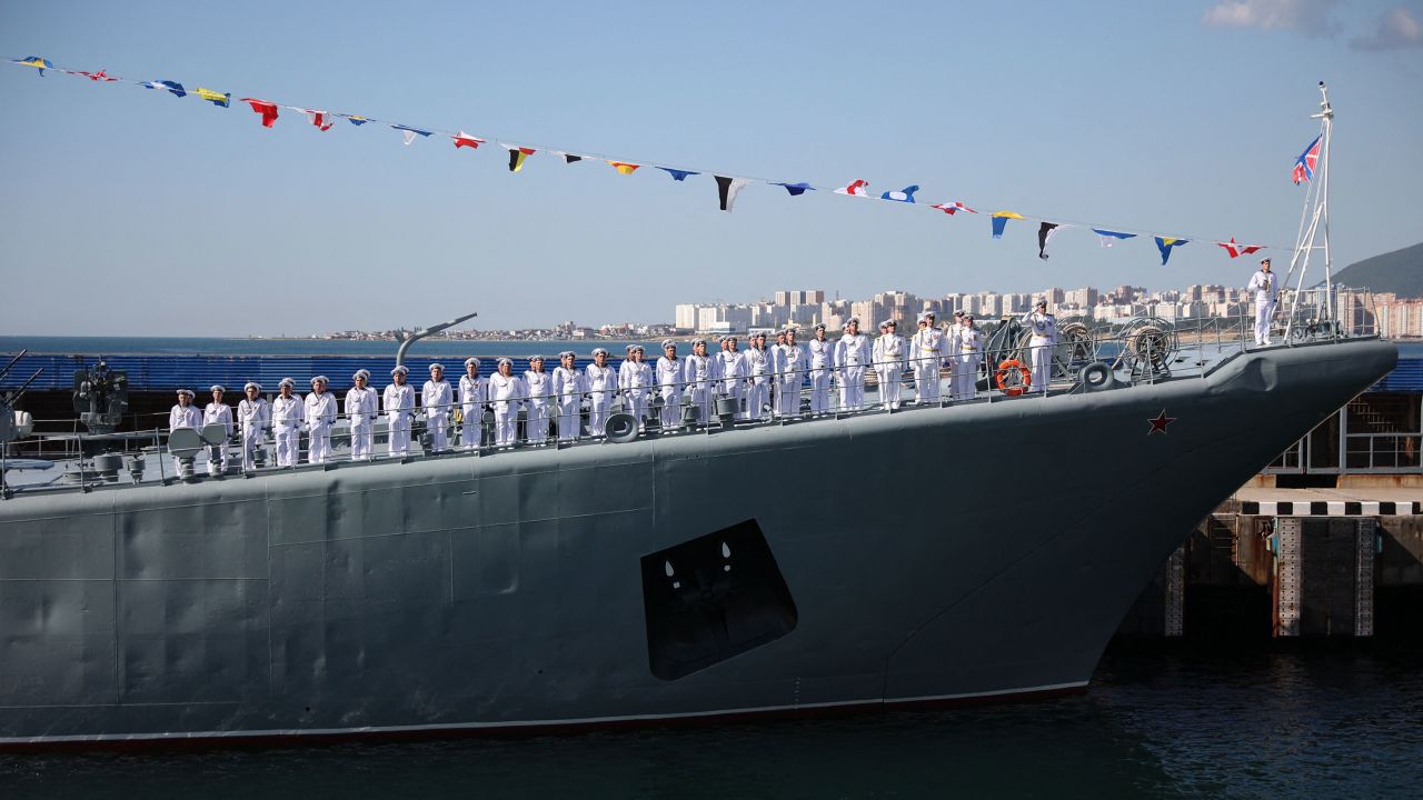 In this July 2023 photo, sailors stand at attention on the deck of a Russian Black Sea Fleet warship during the Navy Day celebrations in the port city of Novorossiysk.