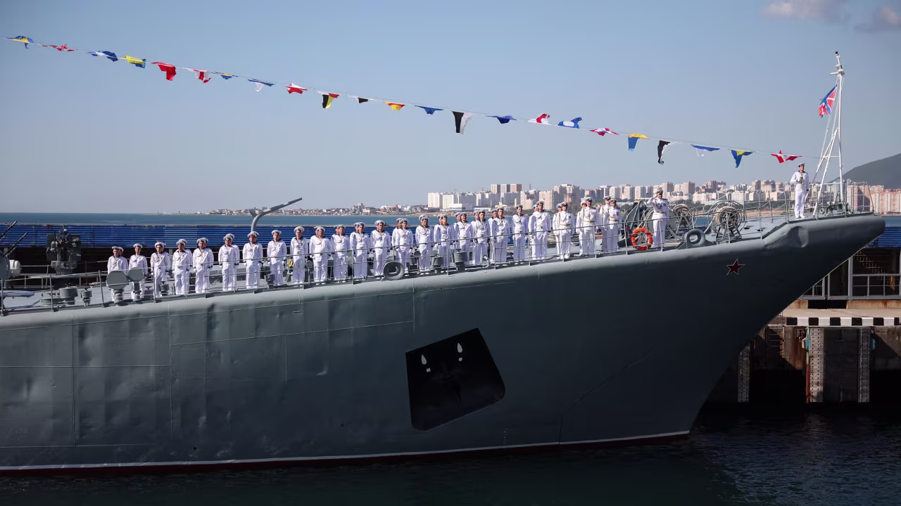 In this July 2023 photo, sailors stand at attention on the deck of a Russian Black Sea Fleet warship during the Navy Day celebrations in the port city of Novorossiysk.