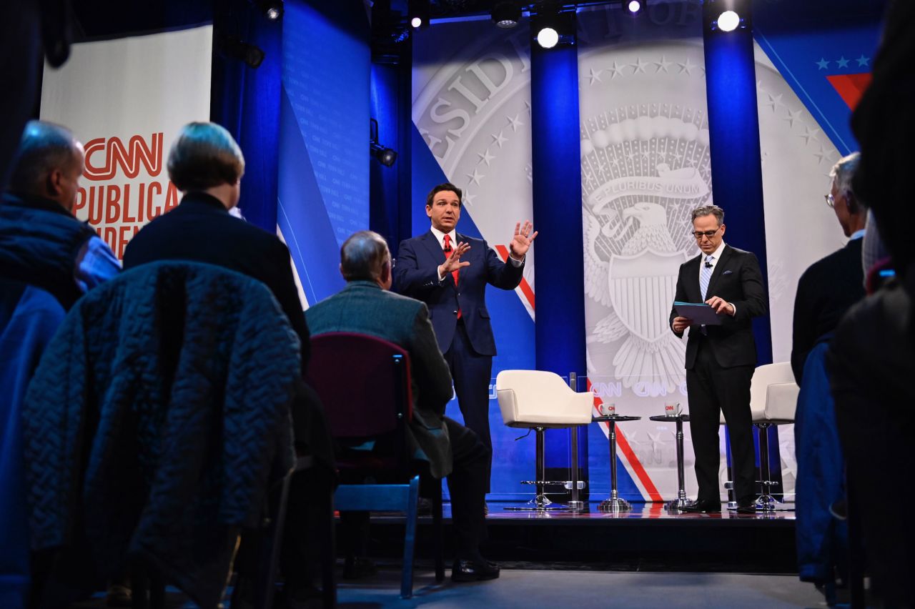 DeSantis participates in a CNN Republican Town Hall moderated by CNN’s Jake Tapper at Grand View University in Des Moines, Iowa, on Tuesday.