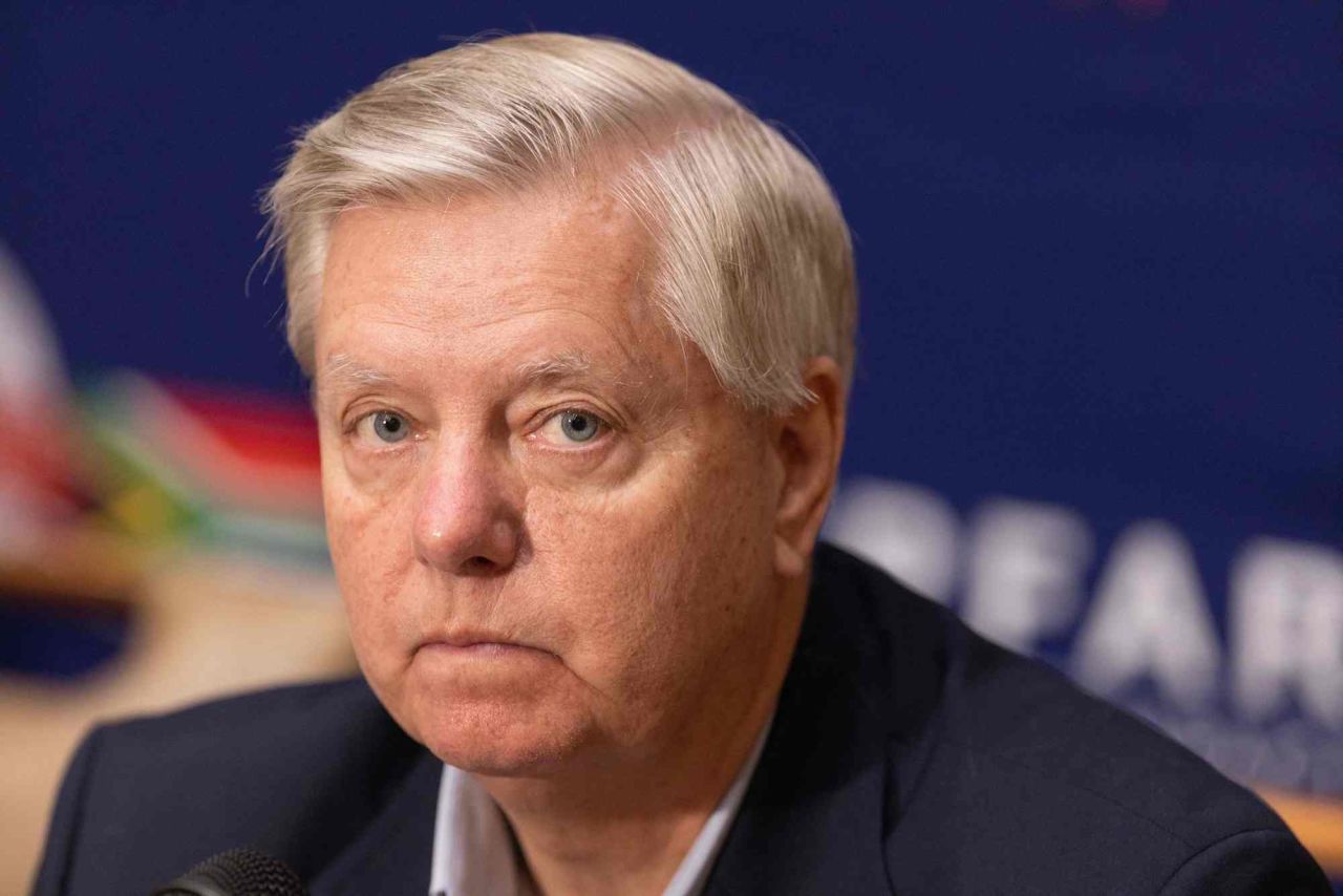 Senator Lindsey Graham speaks during a press conference in Johannesburg, South Africa, on February 23.