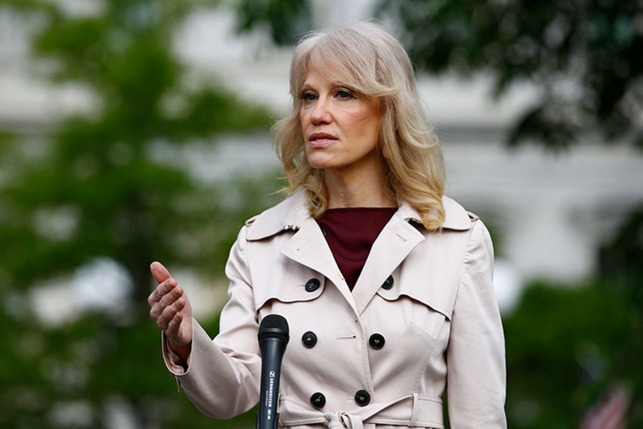  Conway speaks with reporters outside the White House in on Tuesday, May 5. 