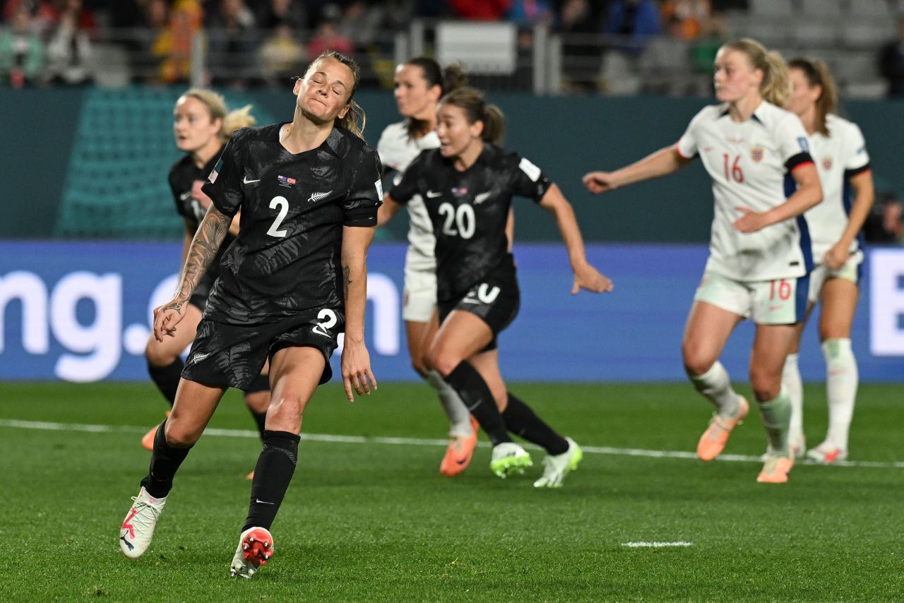 New Zealand's Ria Percival reacts after missing a penalty on July 20.
