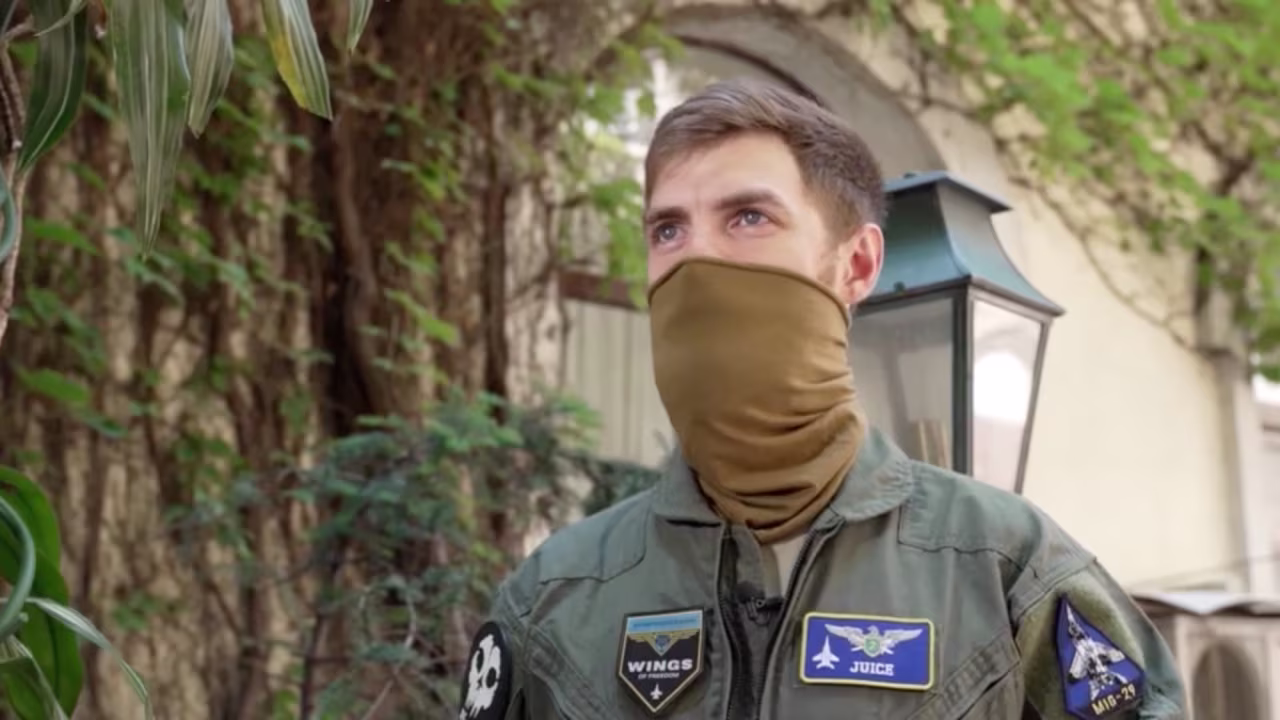 A Ukrainian pilot known by the call sign "Juice" speaks with CNN in 2023. 