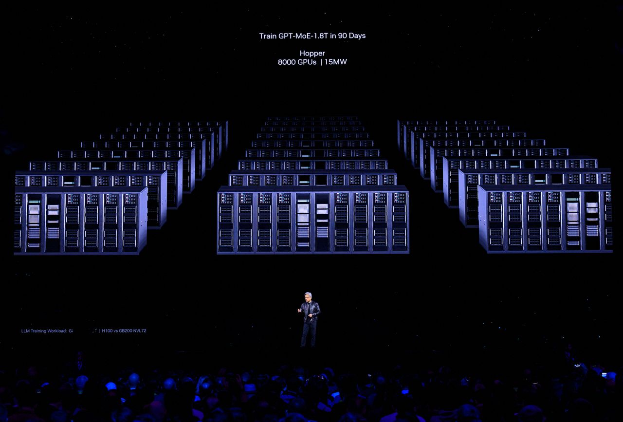 Nvidia's founder and CEO Jensen Huang speaks during the annual Nvidia GTC Artificial Intelligence Conference at SAP Center in San Jose, California, on March 18.
