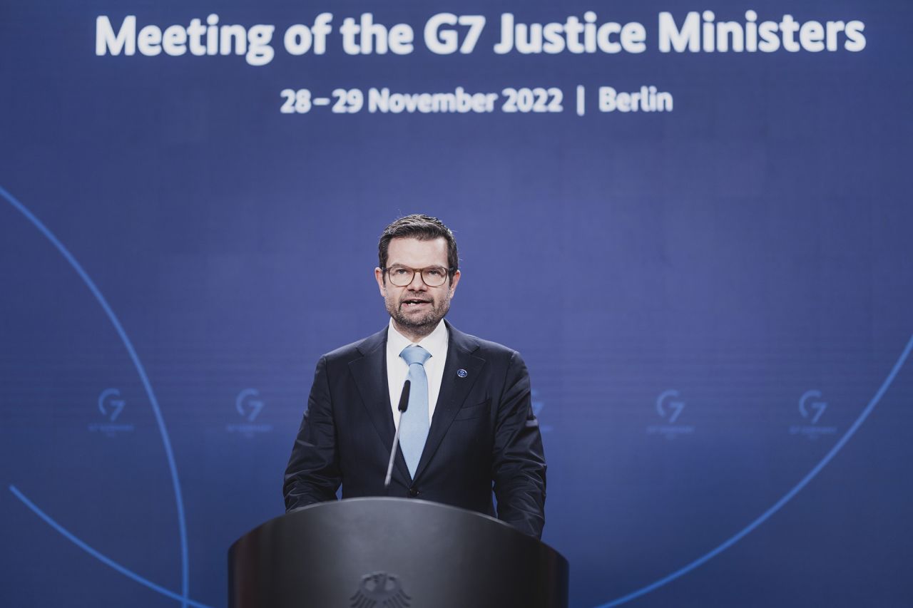 Marco Buschmann, German Minister of Justice, speaks to the media during the G7 Meeting of Ministers of Justice on November 29, in Berlin, Germany.
