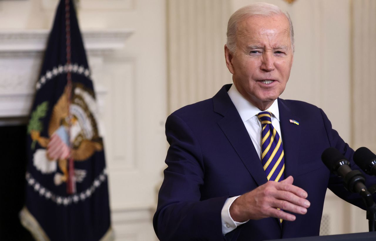 President Joe Biden speaks at the White House State Dining Room on Tuesday.