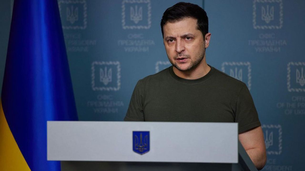 Ukrainian President Volodymyr Zelensky makes a speech in Kyiv on Monday.