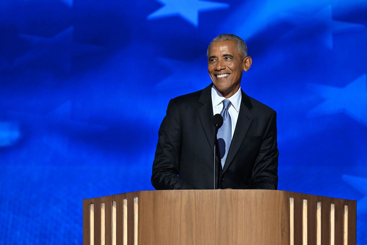 Former President Barack Obama on stage during the second day of the DNC in Chicago, on Tuesday, August 20.