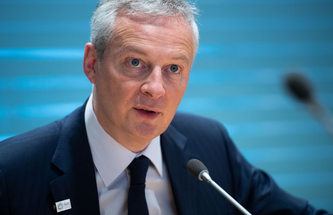 French Finance Minister Bruno LeMaire holds a press conference during the IMF - World Bank Spring Meetings at International Monetary Fund Headquarters in Washington, on April 12, 2019. 