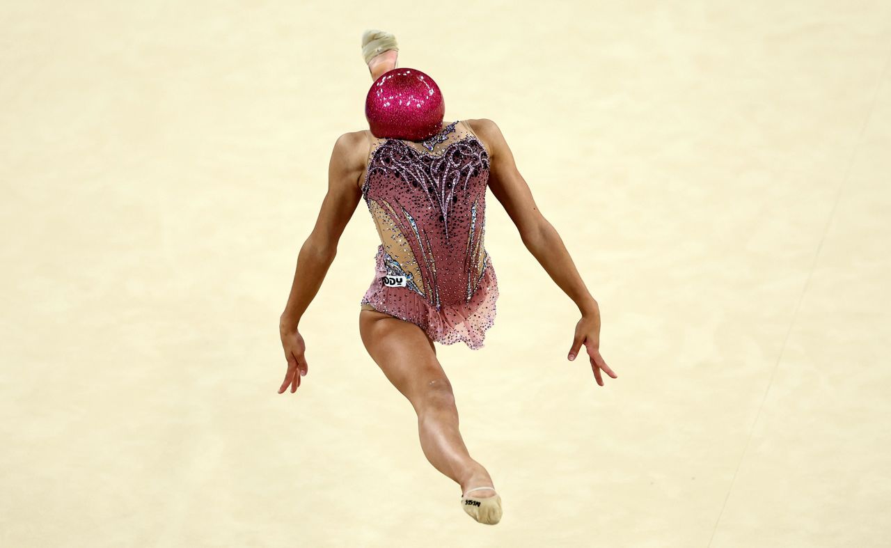 Italy's Sofia Raffaeli performs with the ball in the rhytmic gymnastics' individual all-around qualification during the Paris 2024 Olympic Games at the Porte de la Chapelle Arena in Paris, on August 8.